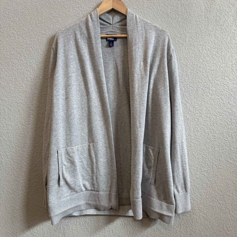 Lands End Long Line Open Front Cardigan L 14β16 Pockets 100% Cotton Grey Heather
